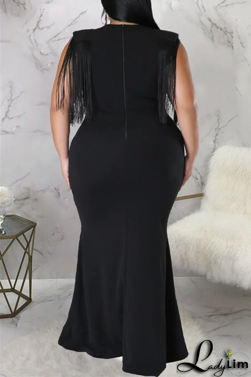 Black Fashion Casual Plus Size Solid Tassel Patchwork V Neck Long Dress