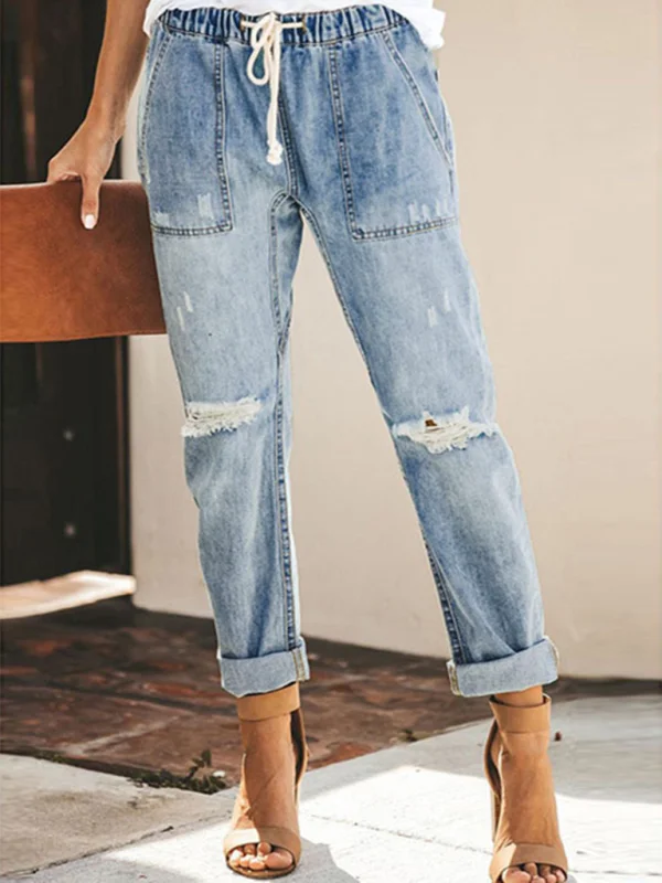 Temperament European and American denim straight-leg pants elastic plus size women's jeans Flusfy