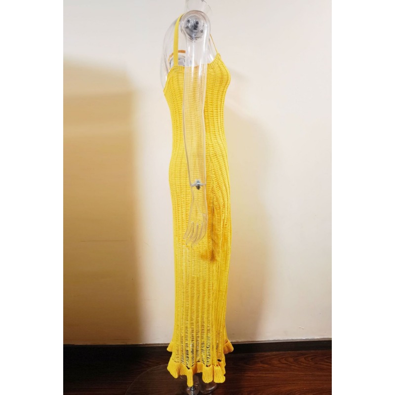 Ootddress Ruffled See-Through Backless Halter Dress Female Sleeveless Hollow Out High Waist Elegant Gown Spaghetti Women Maxi Dress