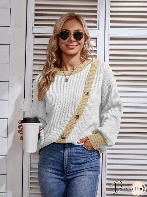 Decorative Button Round Neck Sweater