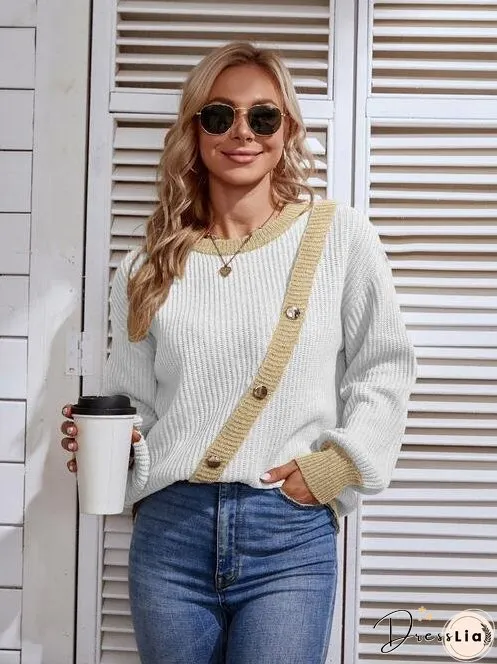 Decorative Button Round Neck Sweater
