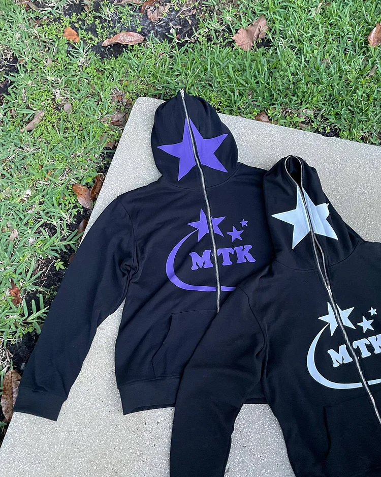 Star Printed Hoodies Y2k Full Zip Up Hoodie High Street Oversize Sweatshirt-VESSFUL