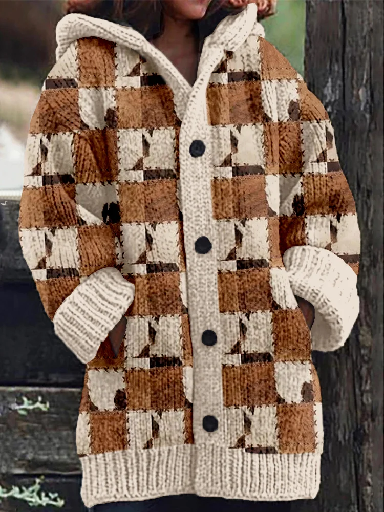 Utbros Vintage Cowhide Patchwork Art Cozy Hooded Cardigan