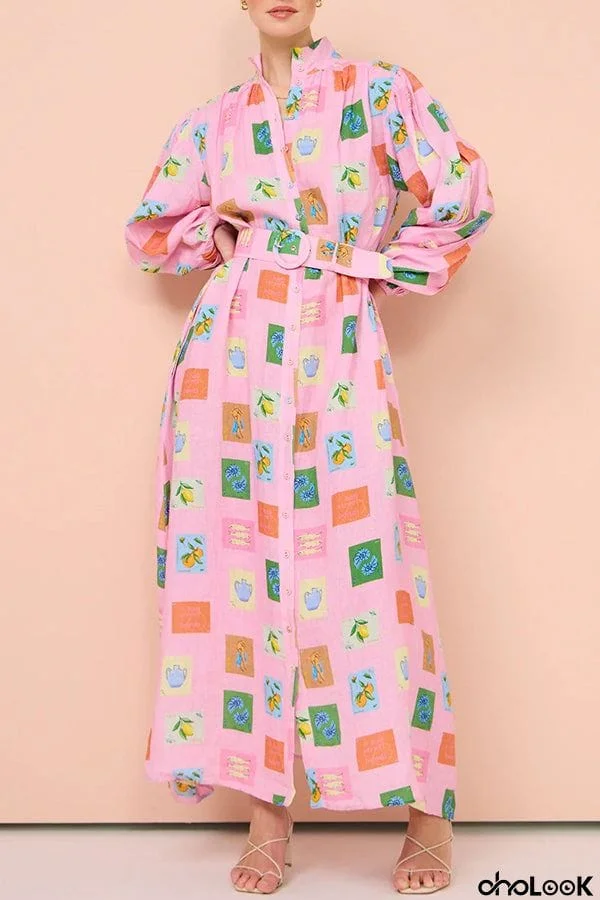 Vacation Essential  Emblem Print Balloon Sleeve Belted Shirt Maxi Dress