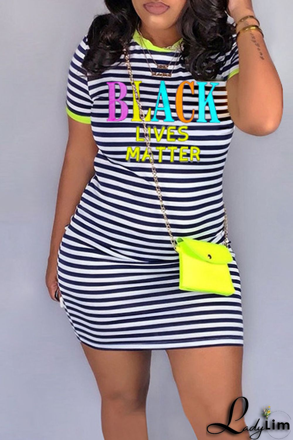 Fluorescent Yellow Casual Striped Print Patchwork O Neck Straight Dresses