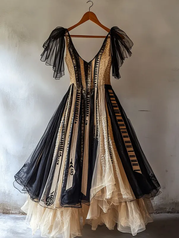Retro Elegant Music Theme Irregular Stitching Dress e935