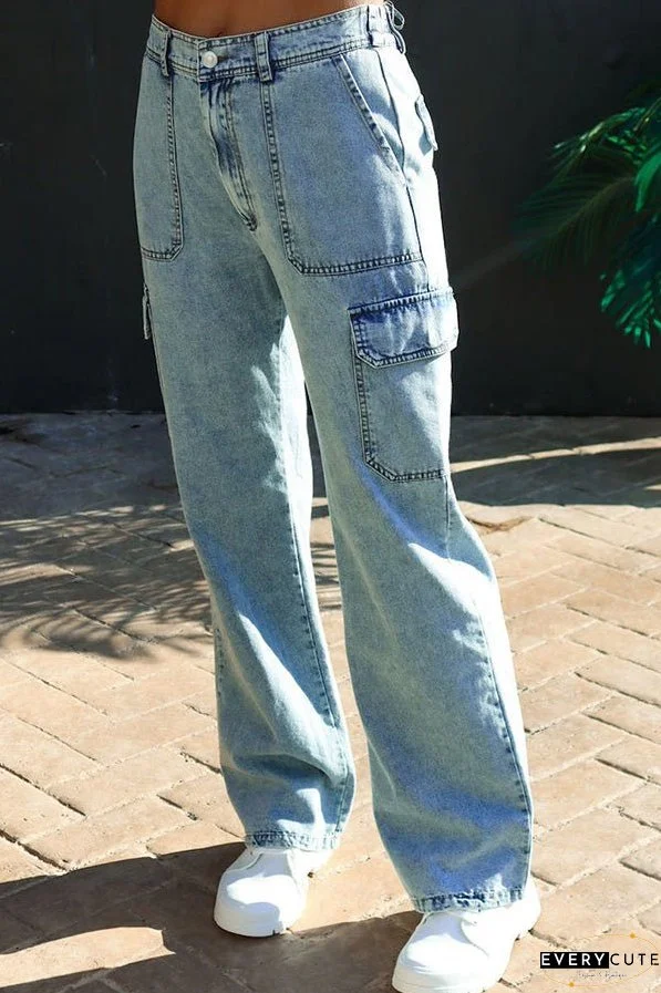 Washed denim multi-pocket non-stretch overalls