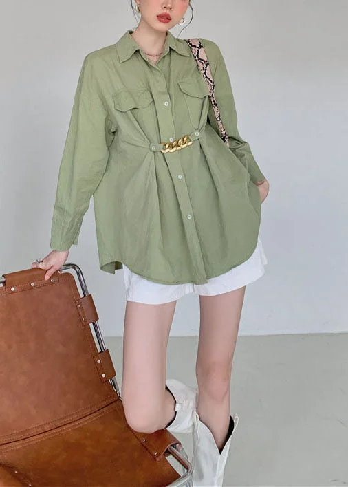 Art Army Green Wrinkled Patchwork Cotton Shirt Tops Spring
