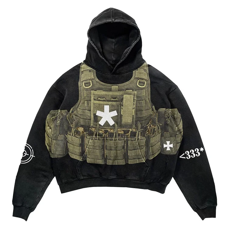 Hip Hop Y2K Printed Hoodie Military Fans Pullover Sweatshirt Loose Casual Hoodie at Hiphopee