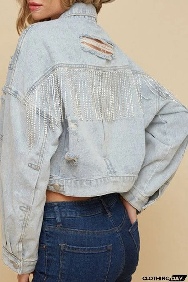 Ripped Rhinestone Fringed Denim Jacket
