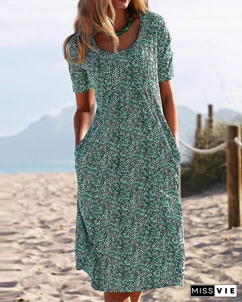 Summer Printed Midi Dress Crew Neck Dresses
