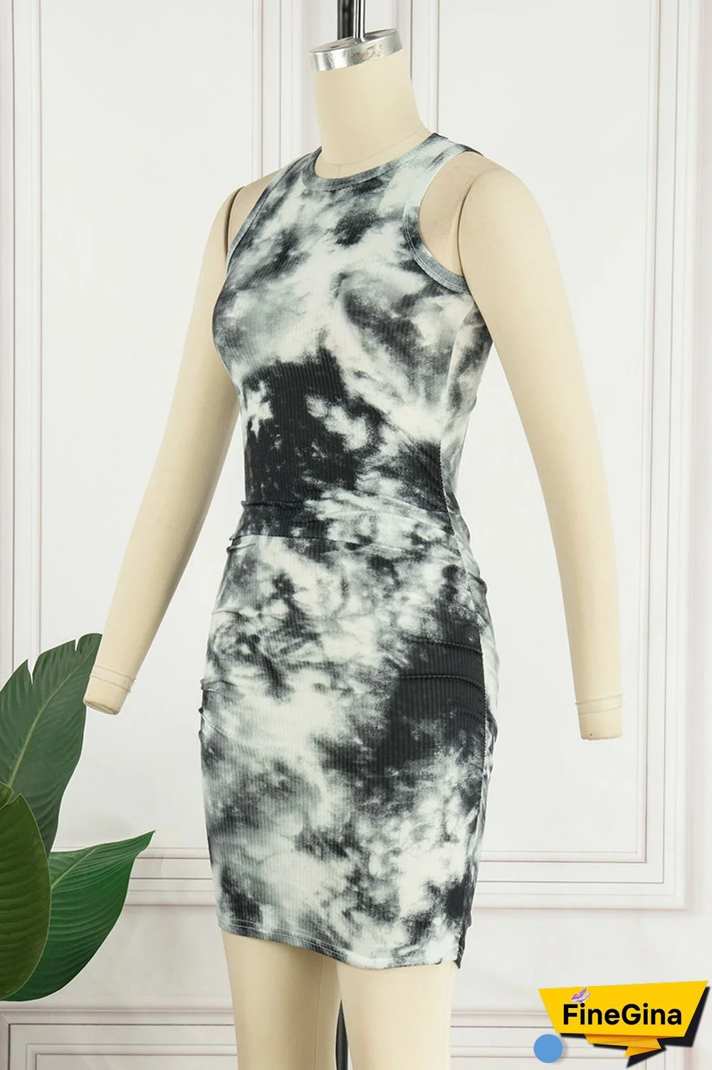 Black Casual Print Tie Dye Basic O Neck Sleeveless Dress Dresses