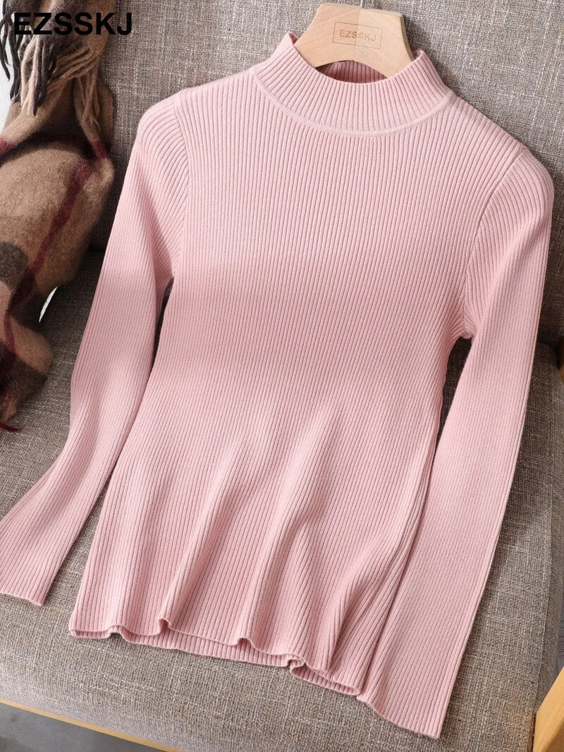2021 Knitted Women high neck Sweater Pullovers Turtleneck Autumn Winter Basic Women Sweaters Slim Fit Black