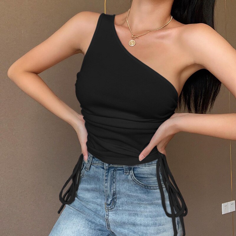 Women’s Fashion Solid Color Vest Summer Sexy One-Shoulder Drawstring Exposed Navel Sleeveless Tops 2021 Party