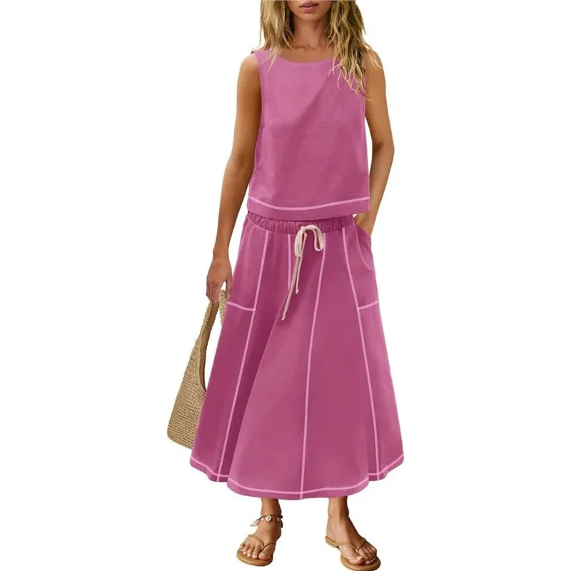 Athvotar Athvotar Hot 2025 New Summer Vacation Sleeveless Vest Half-Dress Cotton-Song Set Two-Piece Set