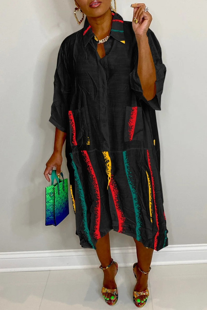 Casual Print Patchwork Turndown Collar Shirt Dress Dresses