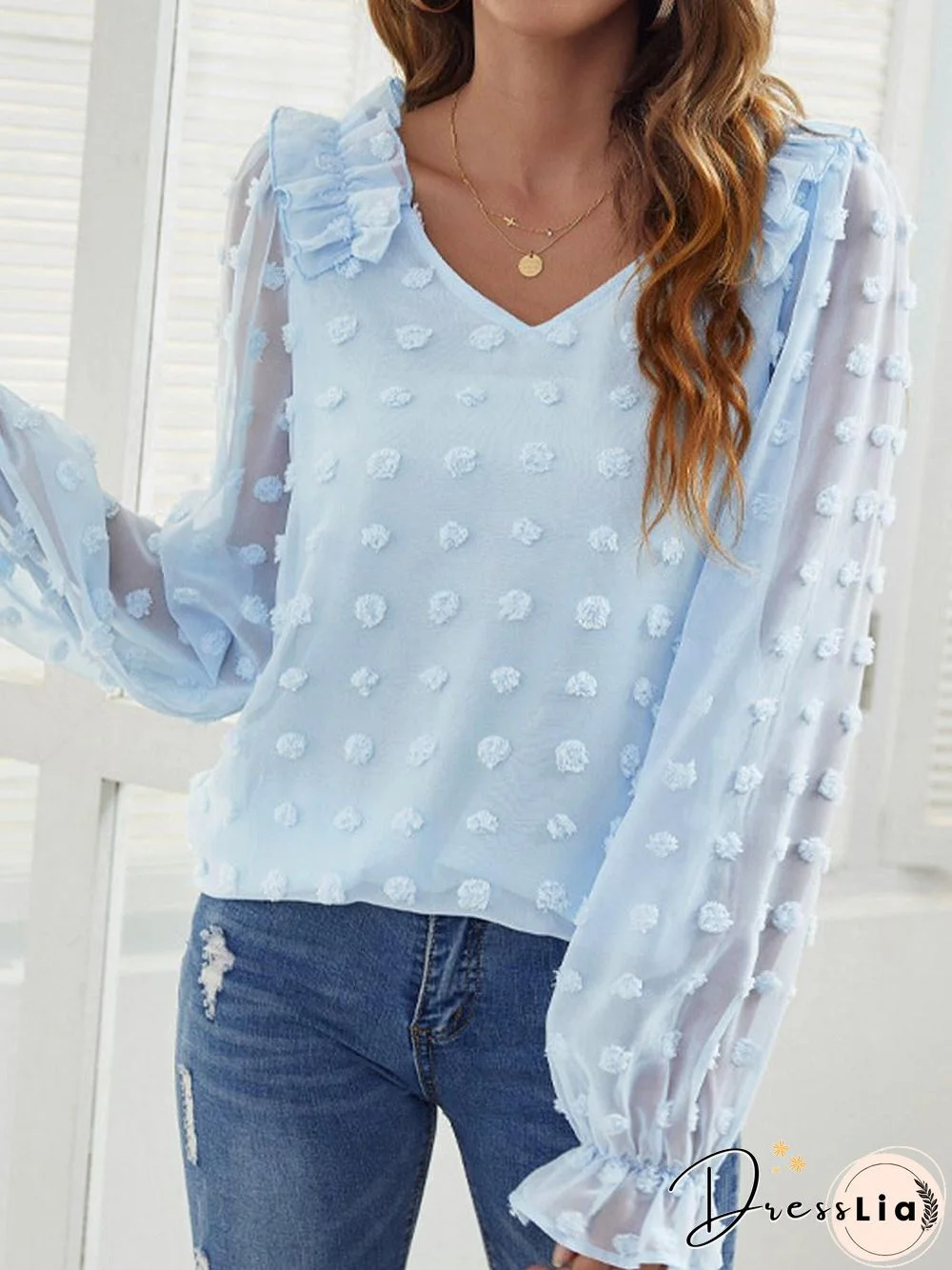 Casual Solid Color Long Sleeve V-Neck Blouse