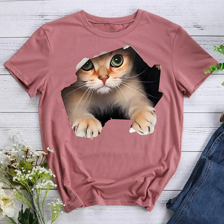 cute cat Round Neck T-shirt-0020587