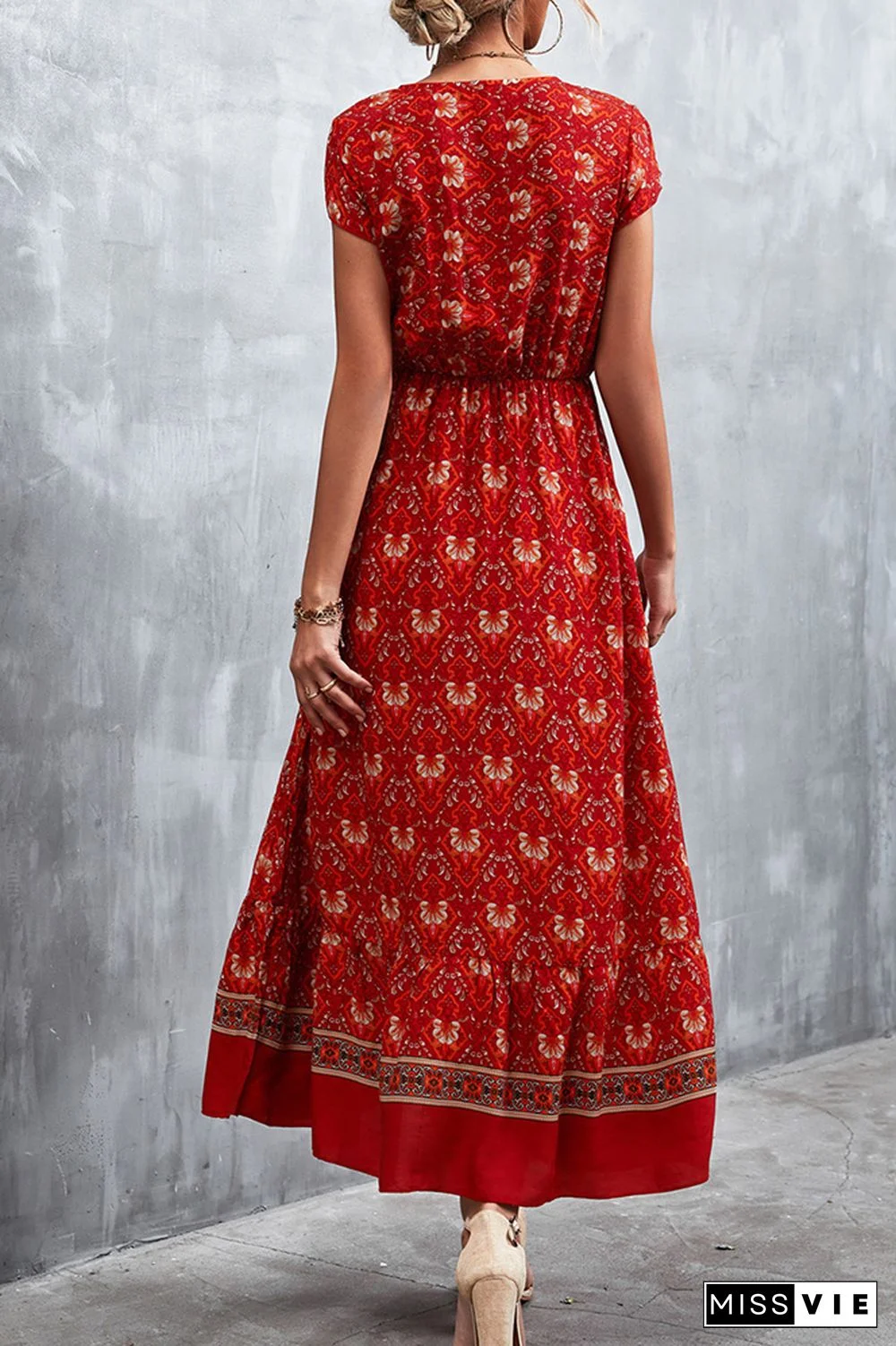 Floral Print Short Sleeve Long Dress Wholesale