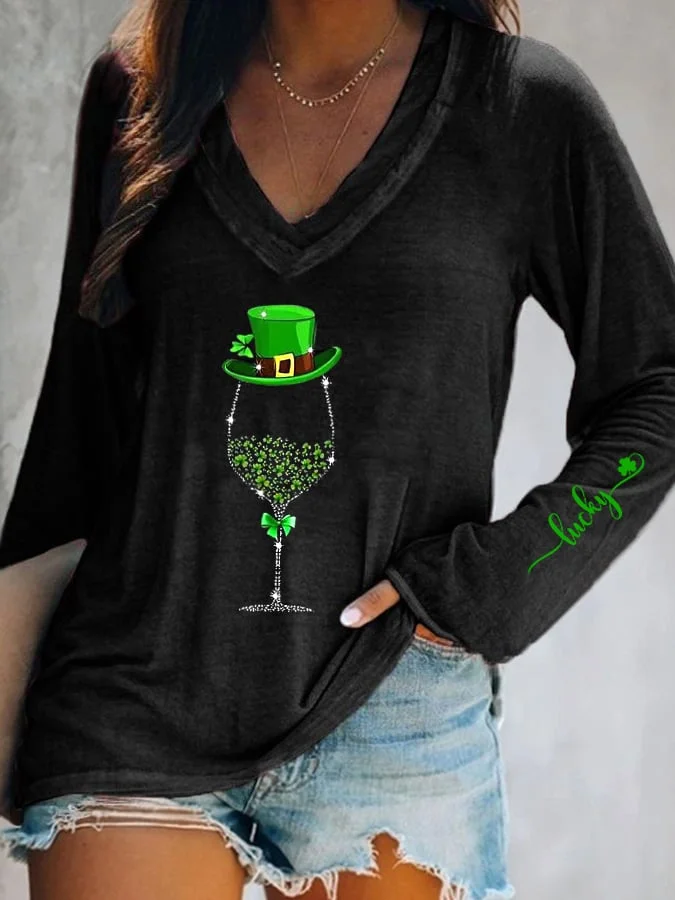 Women's St. Patrick's Day Shiny Wine Glass Lucky Shamrock Long-Sleeve T-Shirt socialshop