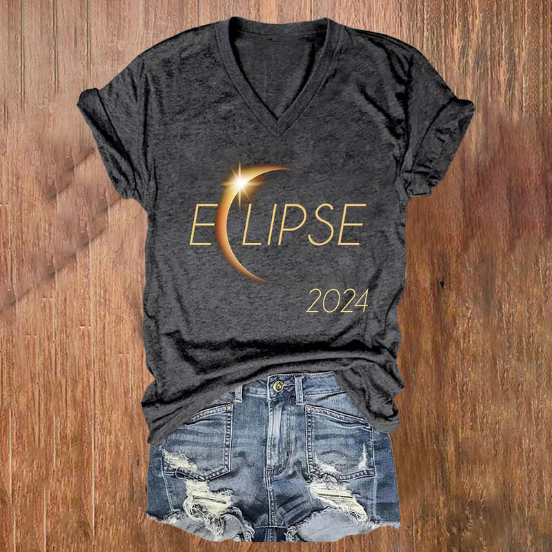 Comstylish Retro Solar Eclipse 2024 Print Casual V-Neck T-Shirt