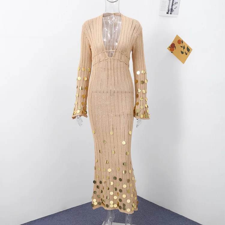 V-neck Knitted Dress With Belt Sequins