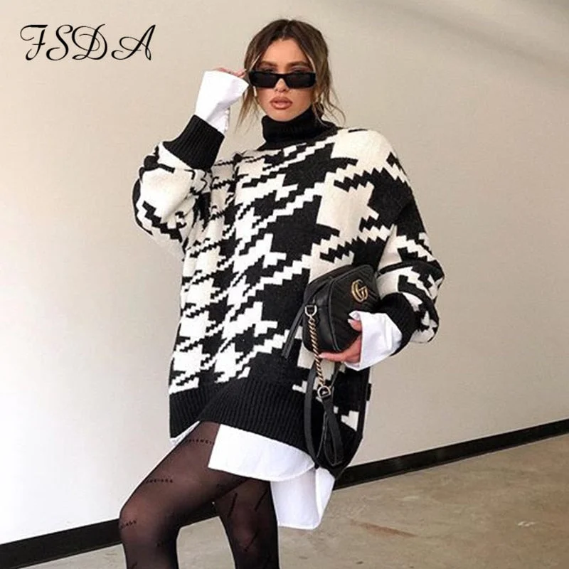 FSDA 2020 Turtleneck Loose Sweater Dress Women Casual Knitted Jumper Oversized Long Sleeve Autumn Winter Houndstooth Pullover