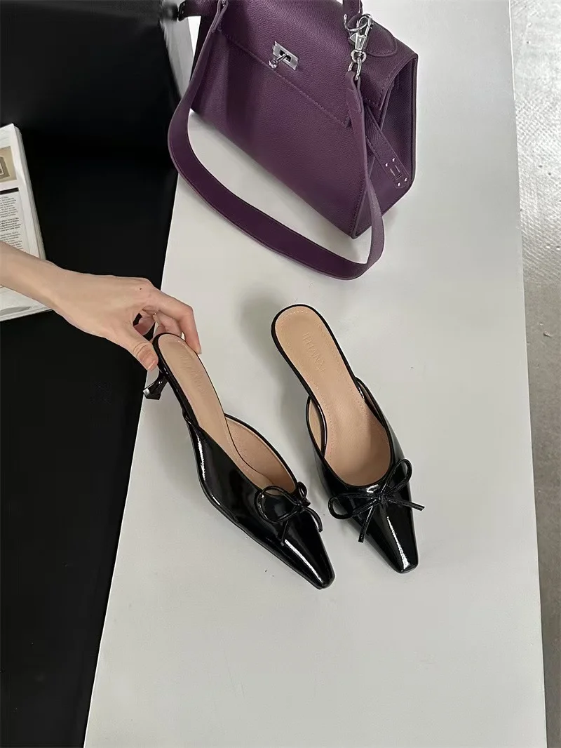 Breakj Breakj The Summer Of 2025, The New Bow In The Fine Heel Muller Shoes Half Slippers Women's Large-Size High-Heeled Single-Shoe Sand Slippers