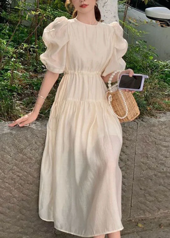 5.12Chic Apricot O Neck Wrinkled Patchwork Silk Dresses Puff Sleeve