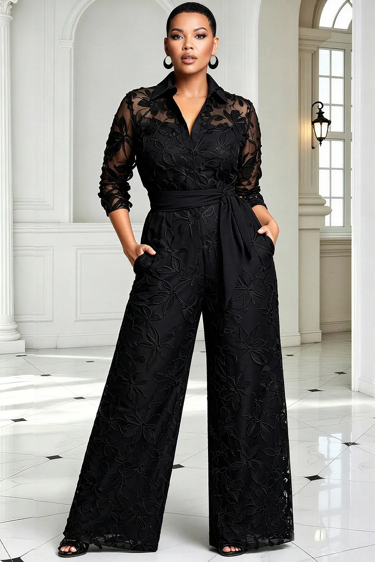 Xpluswear Design Plus Size Formal Black Shirt Collar 3/4 Sleeve Pocket Wide Leg Lace Jumpsuits [Pre-Order] 2024 - Xpluswear