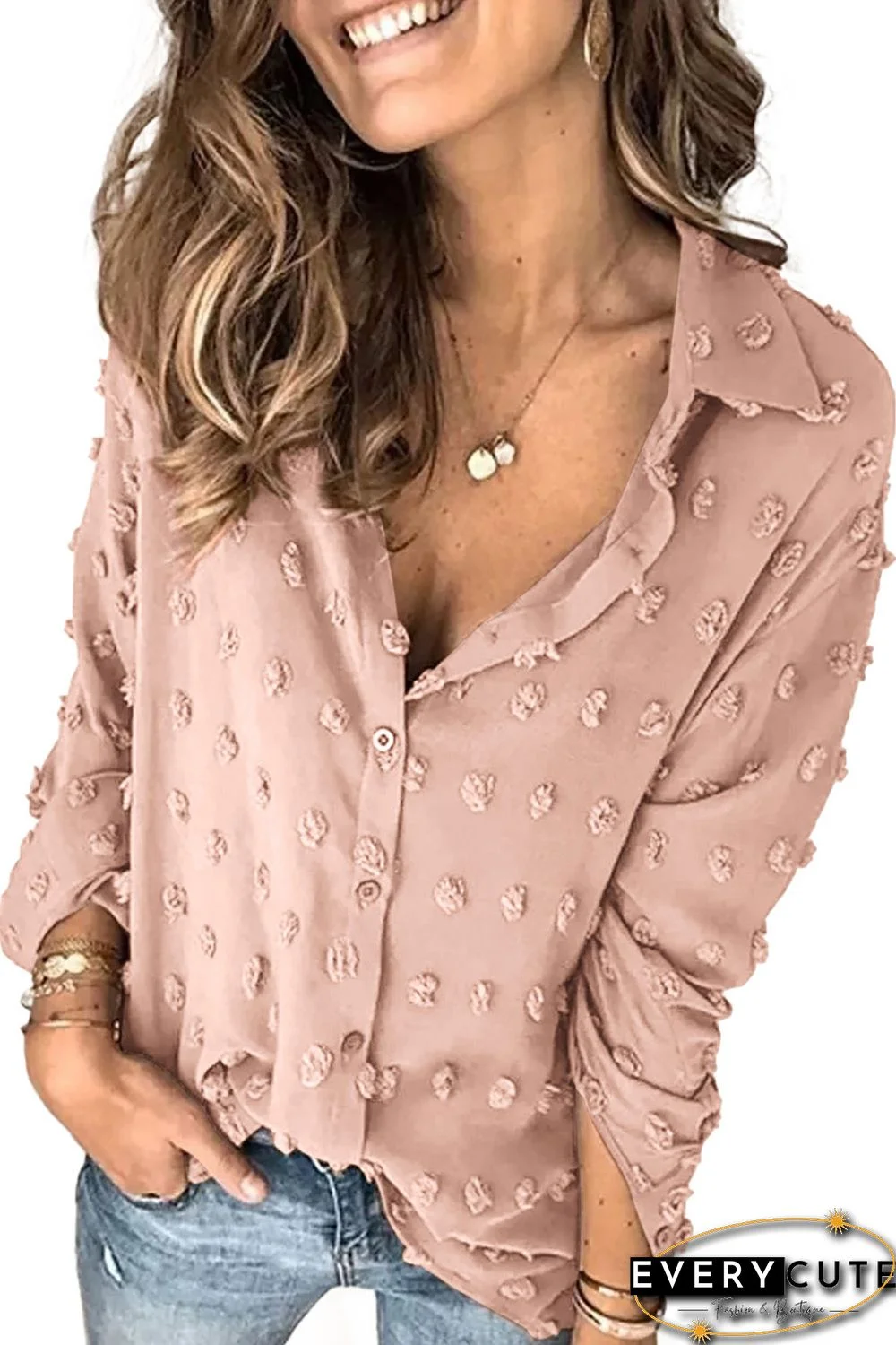 Khaki Long Sleeve Button Fuzzy Polka Dot Shirt