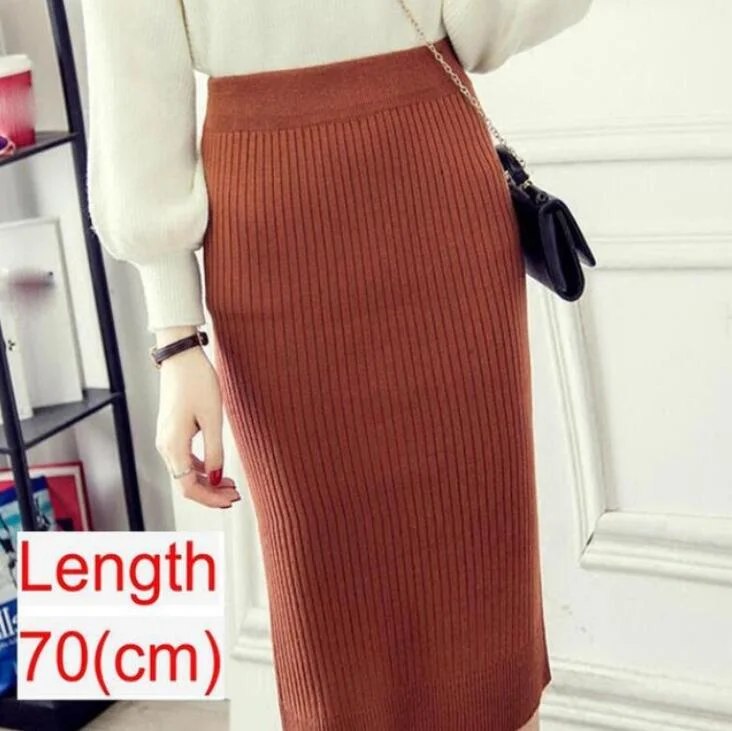 Women Knitted Pencil Skirts Slim Solid Basic Ladies Office High Waist Elegant Midi Skirt 2020 Autumn Winter Warm Womens Skirts