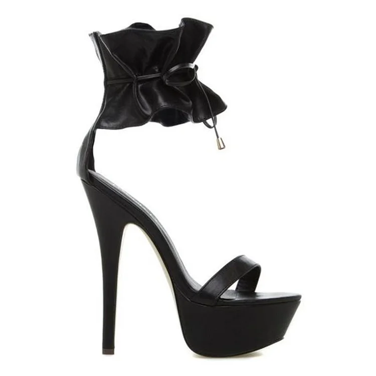 Ruffle Black Ankle Strap Stiletto and Platform Sandals Vdcoo