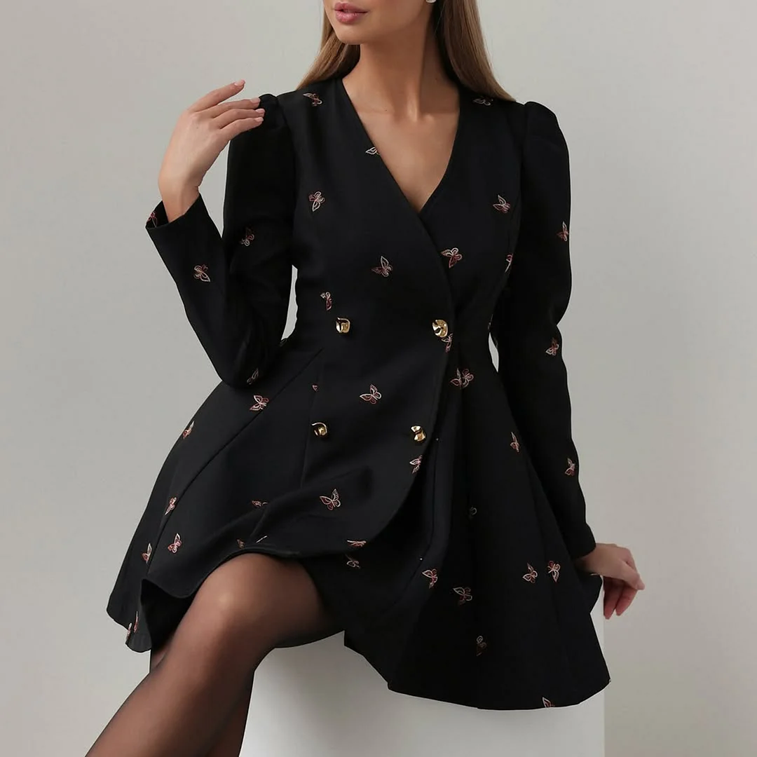 Athvotar Athvotar Fashion Ballet Elements Design Floral Thorn Dress Dress Women's High-End Butterfly Embroidery V-Neck Long Sleeve