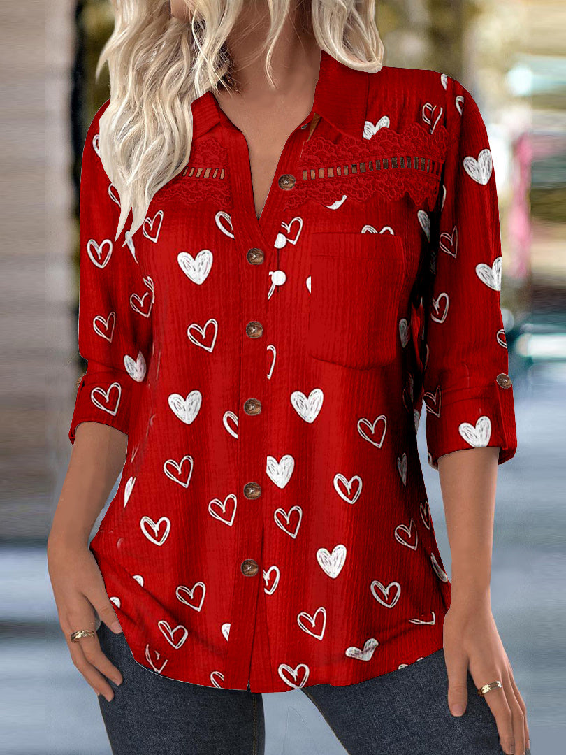 Women Long Sleeve Shirt Collar Love Printed Graphic Lace Button Pockets Tops