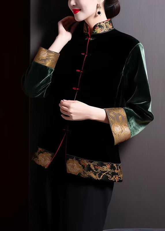 VCSHOES Loose Blackish Green Embroidered Button Silk Coats Long Sleeve