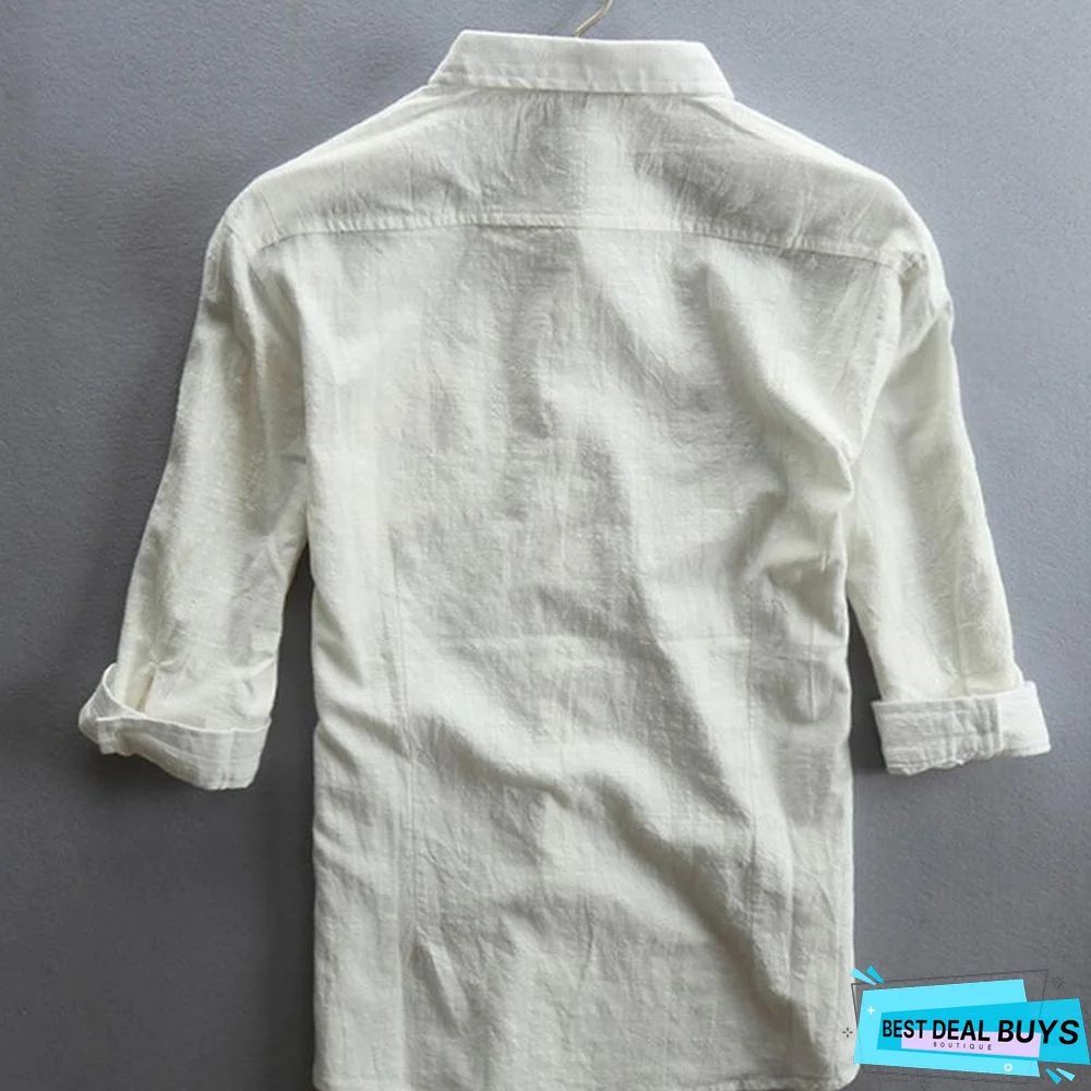 Men Spring/Fall 3/4 Sleeve Loose Turndown Collar Shirts Linen