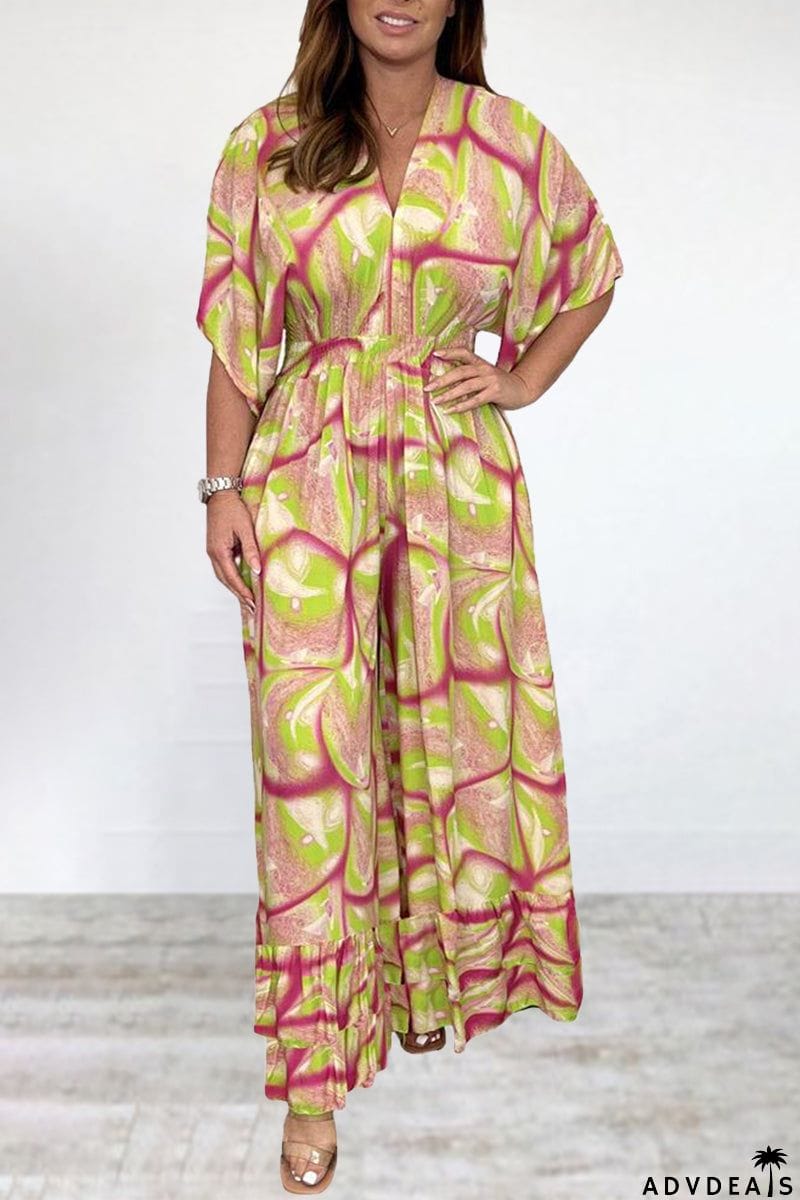 Bohemian College Print Backless V Neck Loose Jumpsuits