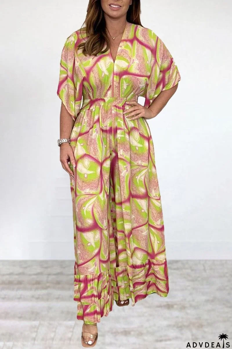 Bohemian College Print Backless V Neck Loose Jumpsuits