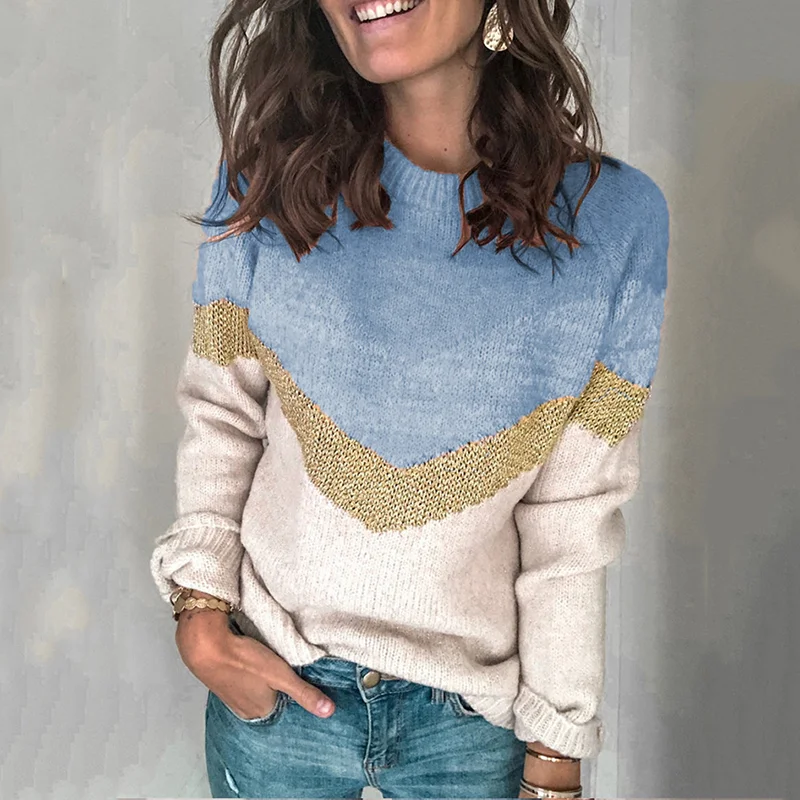 Contrast Panel Pullover Crewneck Raglan Sleeve Sweater