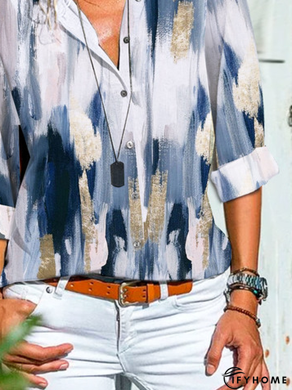 Loose Abstract Printed Shirt Collar Tunic Blouse | IFYHOME