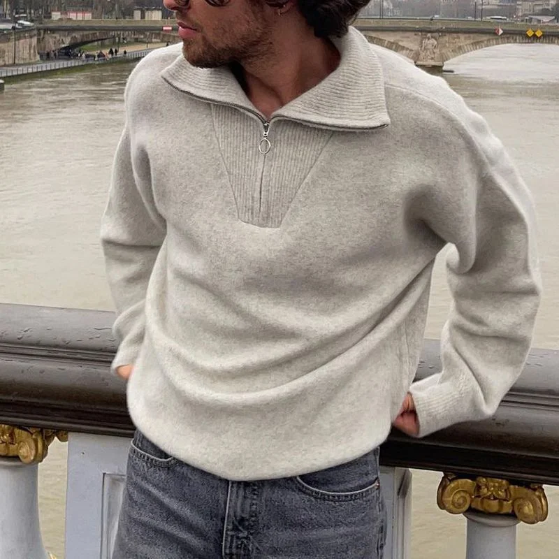 Winter Men Zipper Lapel Loose Sweater Tops Long Sleeve Male Streetwear Pullover Autumn Gentleman Daily Clothing Knitting Jumpers