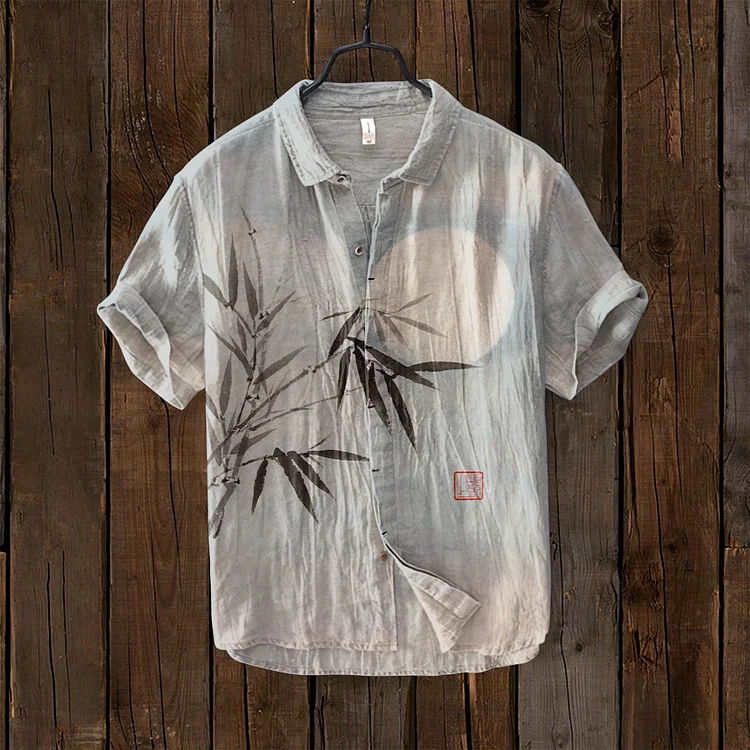 Comstylish Bamboo & Moon Japanese Art Linen Blend Comfy Shirt