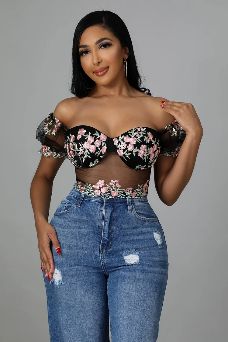 Vacation Off Shoulder Printed Sheer Mesh Top