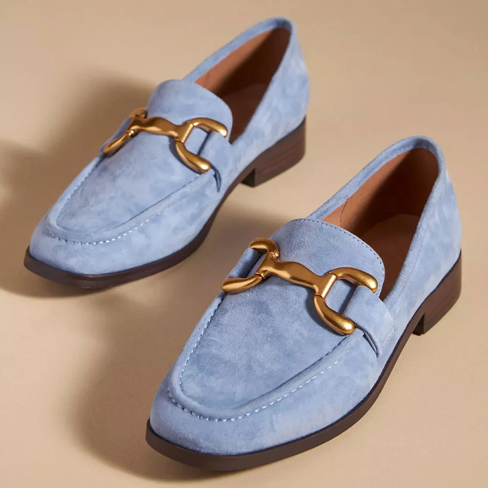 Blue Faux Suede Round Toe Chain Formal Loafers Nicepairs