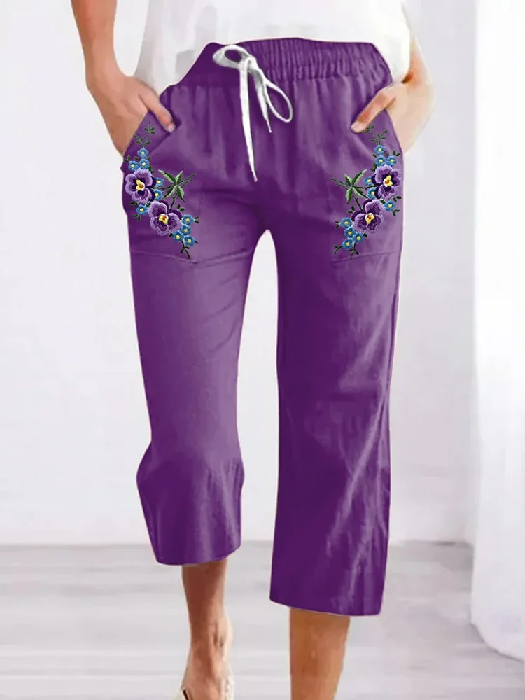 Women's Purple Flower Alzheimer's Awareness Support Cropped Pants