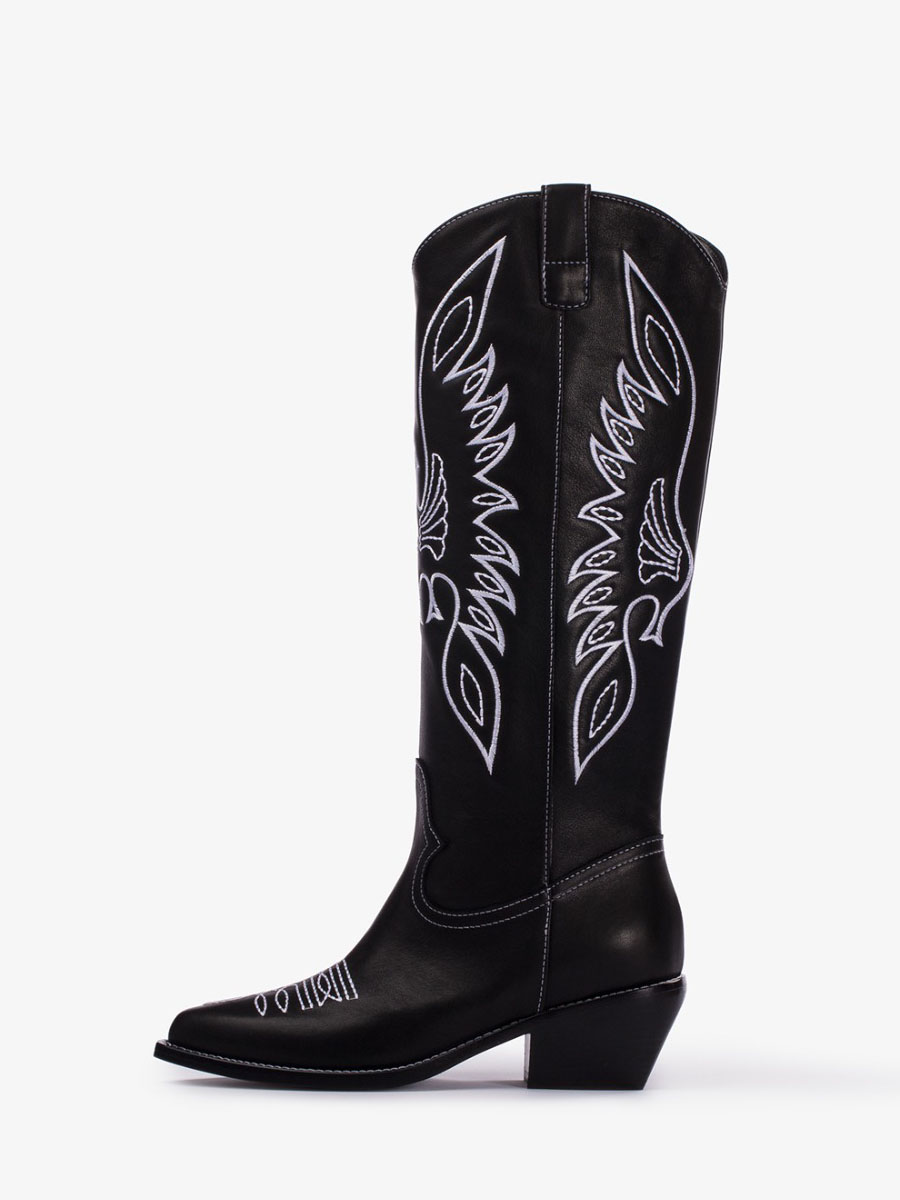 Black Vegan Leather Square Toe Embroidered Studded Zip Wide Calf Knee High Cowgirl Boots
