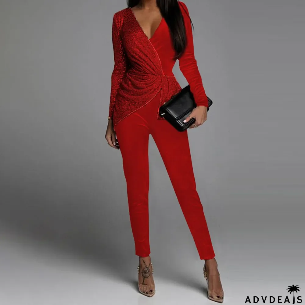 Women's Fashion Color Blocking Sequin Patchwork Long Sleeve Jumpsuit
