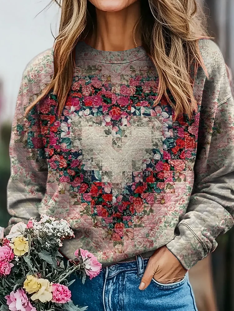 Women's Floral Heart Art Pattern Print Casual Crew Neck Sweatshirt
