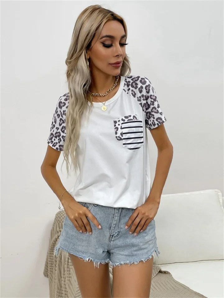 New Summer Casual Women's Round Neck Pocket Decoration Short-sleeved Splicing Leopard Print White Loose Type T-shirt-Cosfine
